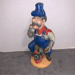 Vtg 1970's Miniature Train Conductor w/ Timepiece Chalkware Statue 10.5"